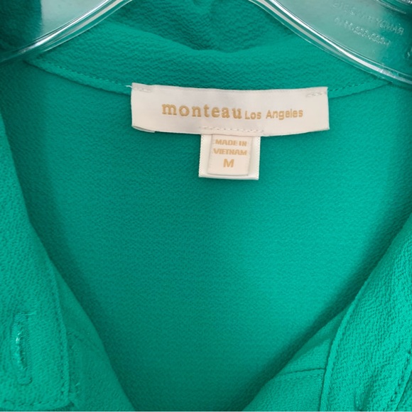 Monteau Emerald Green Tiered Collared Midi Dress Medium Button Pockets - Picture 2 of 11